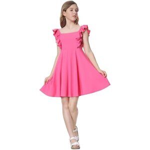 Mebius Girls 14Y Hot Pink Bow Back Square Neck Ruffle Sleeve Preppy A Line Dress